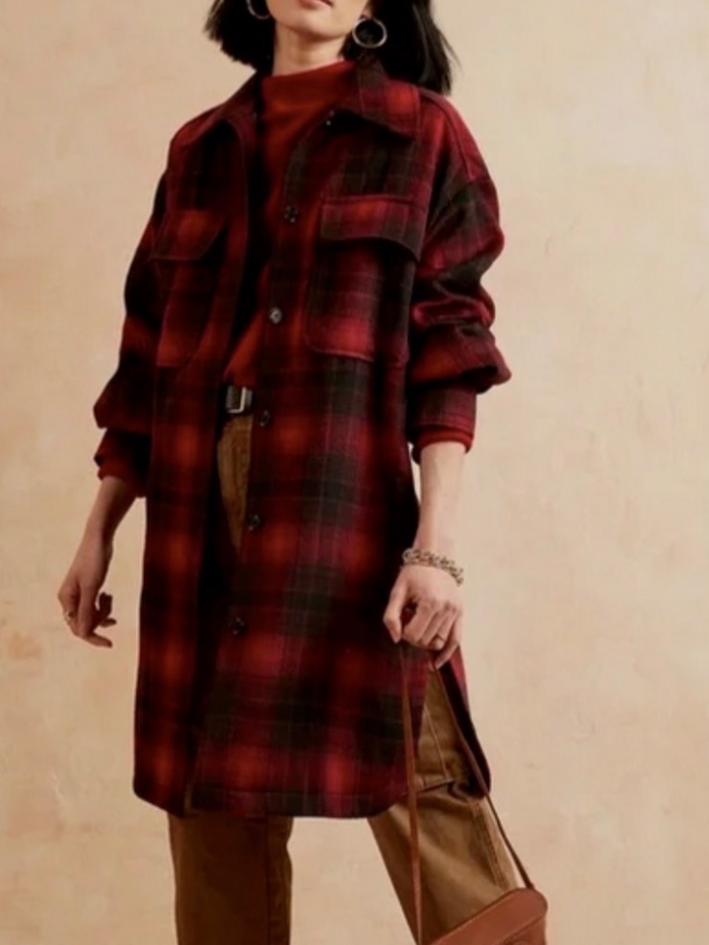 Banana Republic Womens Red Black Plaid Long Shacket Shirt Jacket Lined